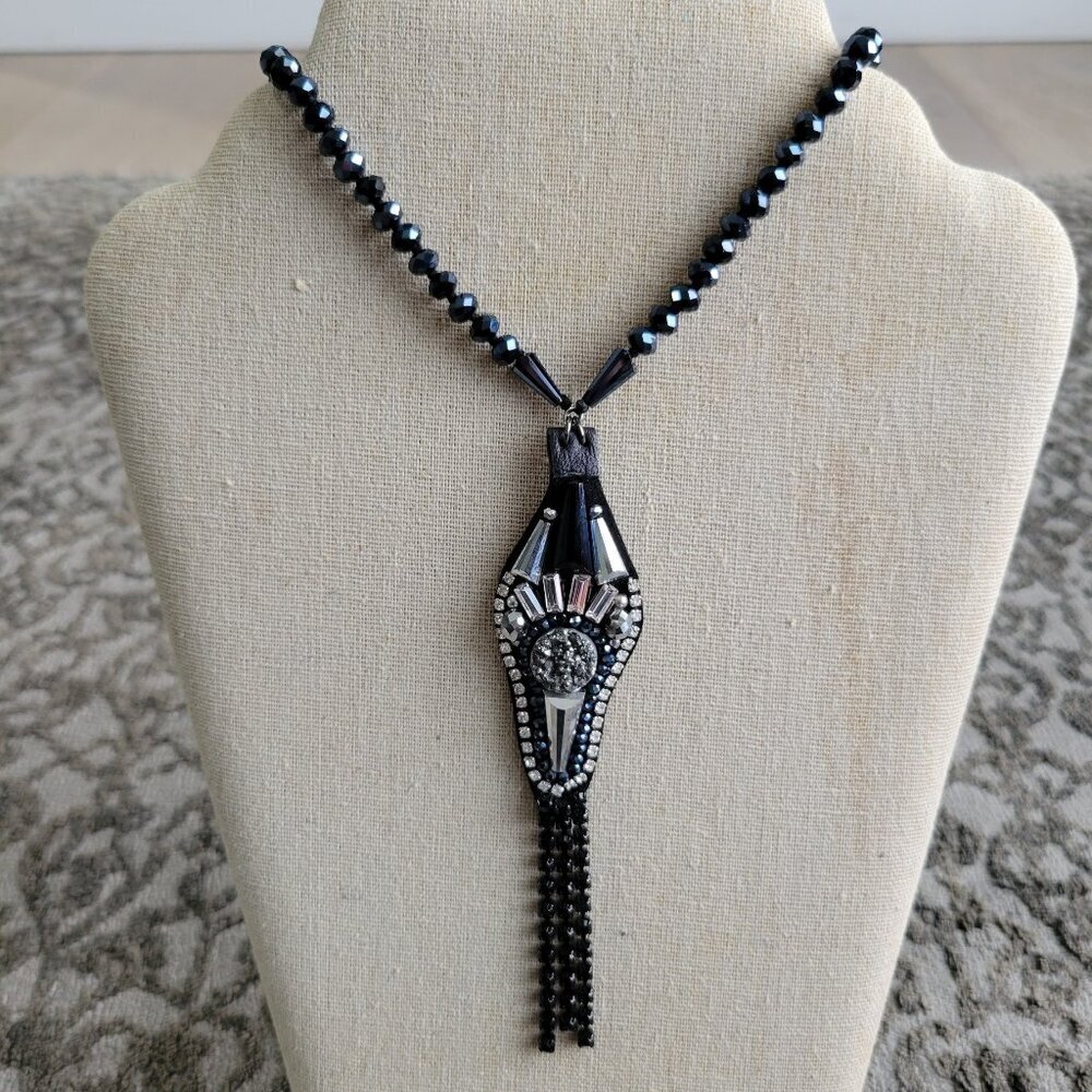 Black and Silver Beaded Necklace with Tassel